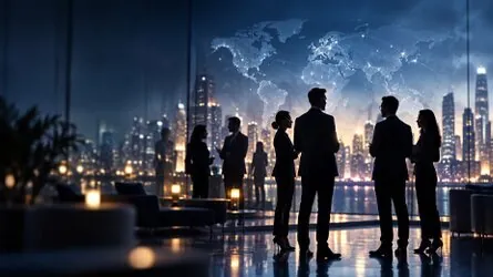 Business team silhouetted against a city skyline with a world map overlay