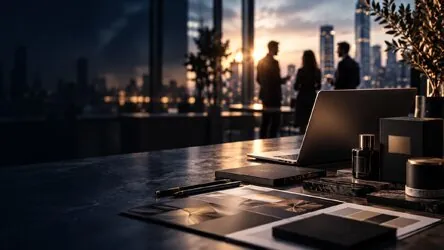 Laptop and documents on a desk overlooking a city at dusk